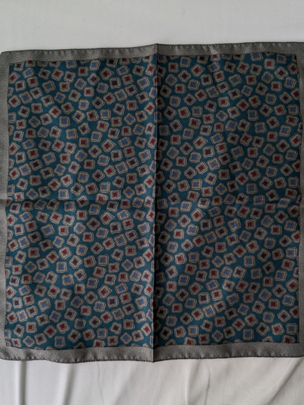100% Silk Pocket Square - Made in Italy - Teal & Burgundy Geometric